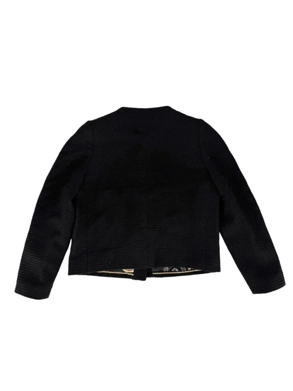 Chanel Set CC Logo Chain Collarless Jacket Skirt Vintage 38 Black Gold Wool